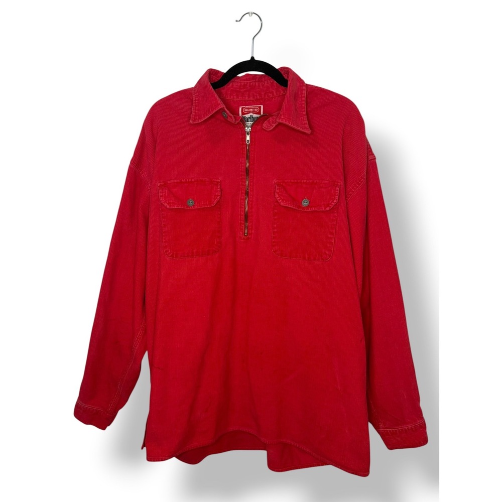 Vintage Marlboro Men's‎ Large Red Corduroy Pullover Shacket Quarter Zip